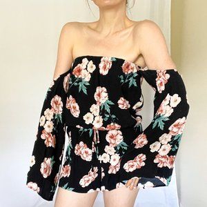 Forever 21 Black Off The Shoulder Floral Flowy Boho Romper